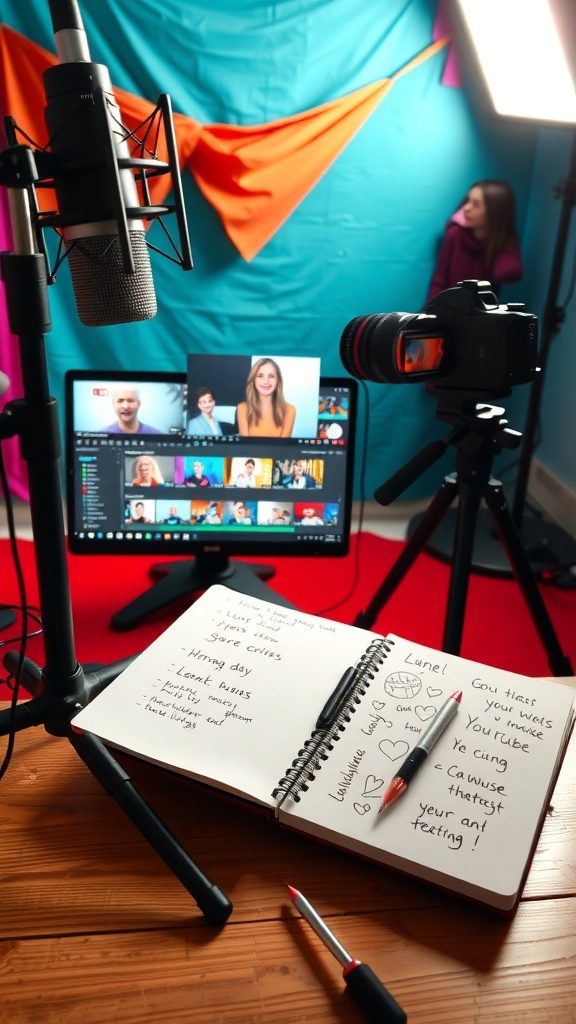 Engaging Questions for YouTube Content Creators A YouTube studio with microphone, camera, and colorful backdrop, showcasing a creative workspace.